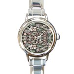 Seamless pink green and white florals peach Round Italian Charm Watch Front