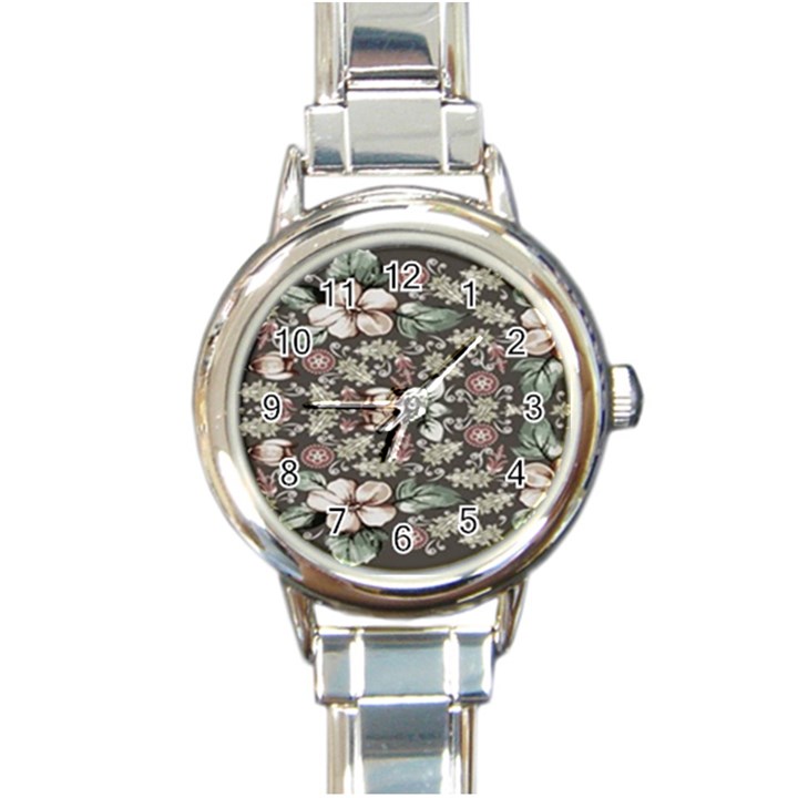 Seamless pink green and white florals peach Round Italian Charm Watch