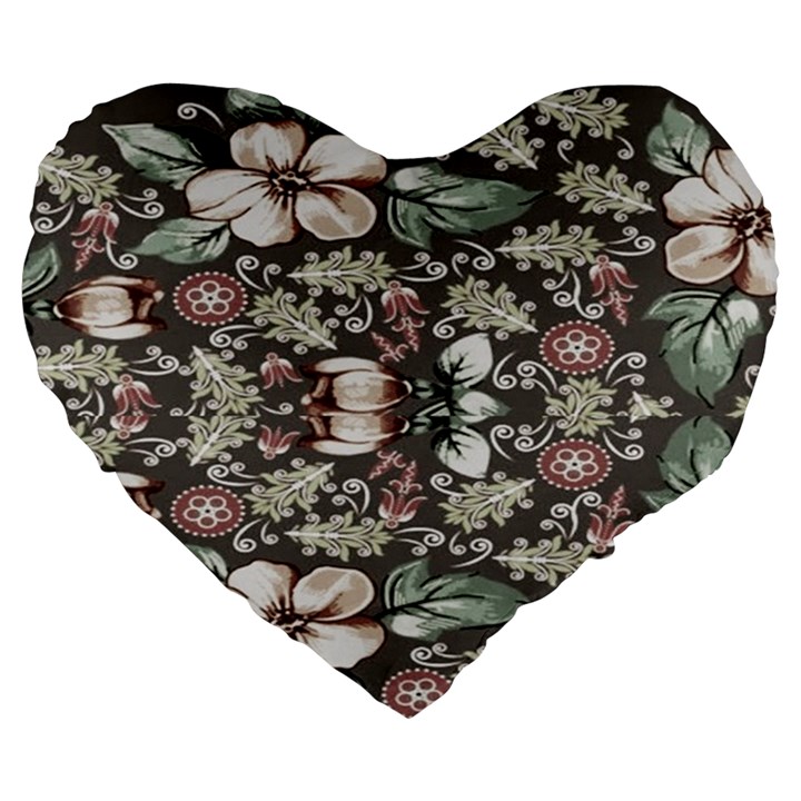 Seamless pink green and white florals peach Large 19  Premium Flano Heart Shape Cushions