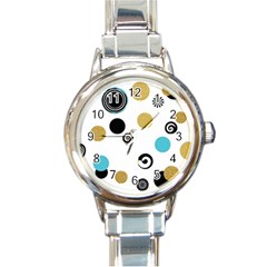 Fun Retro Blue Gold Circles  Round Italian Charm Watch by flipstylezfashionsLLC