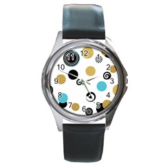 Fun Retro Blue Gold Circles  Round Metal Watch by flipstylezfashionsLLC