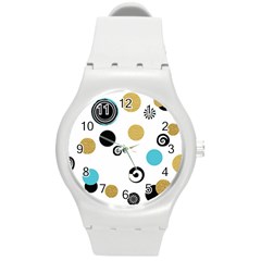 Fun Retro Blue Gold Circles  Round Plastic Sport Watch (m) by flipstylezfashionsLLC