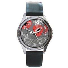 Red Poppy Flowers On Gray Background  Round Metal Watch by flipstylezfashionsLLC