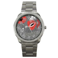 Red Poppy Flowers On Gray Background  Sport Metal Watch by flipstylezfashionsLLC