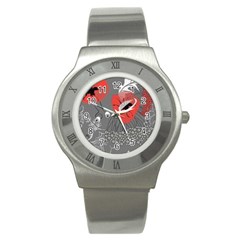 Red Poppy Flowers On Gray Background  Stainless Steel Watch by flipstylezfashionsLLC