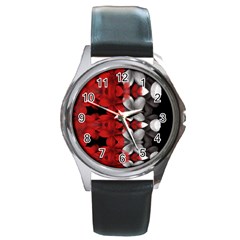 Red And Black Florals  Round Metal Watch by flipstylezfashionsLLC