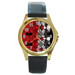 Red And Black Florals  Round Gold Metal Watch by flipstylezfashionsLLC