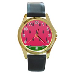 Watermelon Fruit Summer Red Fresh Round Gold Metal Watch by Nexatart