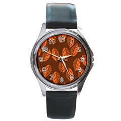 Pattern Leaf Plant Decoration Round Metal Watch by Nexatart