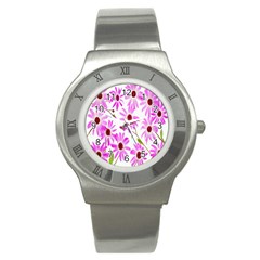 Pink Purple Daisies Design Flowers Stainless Steel Watch by Nexatart