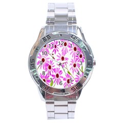 Pink Purple Daisies Design Flowers Stainless Steel Analogue Watch by Nexatart