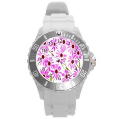 Pink Purple Daisies Design Flowers Round Plastic Sport Watch (l) by Nexatart