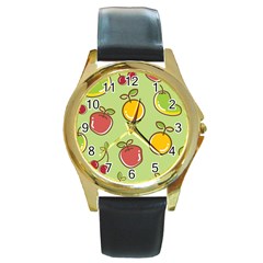 Seamless Pattern Healthy Fruit Round Gold Metal Watch by Nexatart