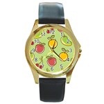 Seamless Pattern Healthy Fruit Round Gold Metal Watch Front