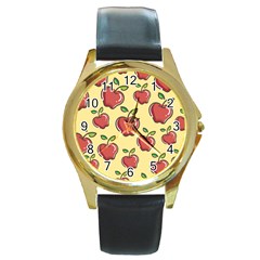 Seamless Pattern Healthy Fruit Round Gold Metal Watch by Nexatart