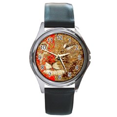 Artistic Lion Red And Gold By Kiekie Strickland  Round Metal Watch by flipstylezfashionsLLC