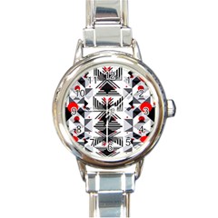 Retro Geometric Red And Black Triangles  Round Italian Charm Watch by flipstylezfashionsLLC