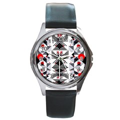 Retro Geometric Red And Black Triangles  Round Metal Watch by flipstylezfashionsLLC