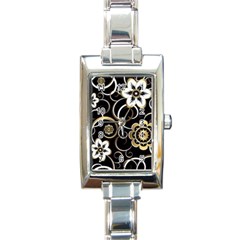 Beautiful Gold And White Flowers On Black Rectangle Italian Charm Watch by flipstylezfashionsLLC