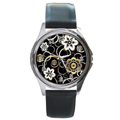 Beautiful Gold And White Flowers On Black Round Metal Watch by flipstylezfashionsLLC