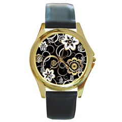 Beautiful Gold And White Flowers On Black Round Gold Metal Watch by flipstylezfashionsLLC