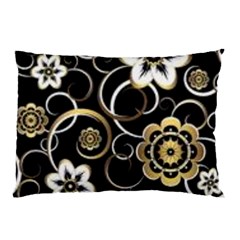 Beautiful Gold And White Flowers On Black Pillow Case by flipstylezfashionsLLC