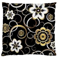 Beautiful Gold And White Flowers On Black Large Cushion Case (two Sides) by flipstylezfashionsLLC