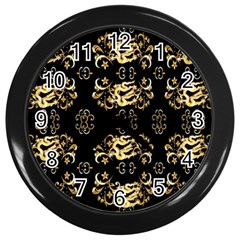 Golden Flowers On Black With Tiny Gold Dragons Created By Kiekie Strickland Wall Clocks (black) by flipstylezfashionsLLC