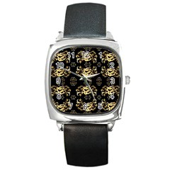 Golden Flowers On Black With Tiny Gold Dragons Created By Kiekie Strickland Square Metal Watch by flipstylezfashionsLLC