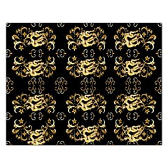 Golden Flowers On Black With Tiny Gold Dragons Created By Kiekie Strickland Rectangular Jigsaw Puzzl by flipstylezfashionsLLC