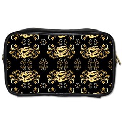 Golden Flowers On Black With Tiny Gold Dragons Created By Kiekie Strickland Toiletries Bags by flipstylezfashionsLLC