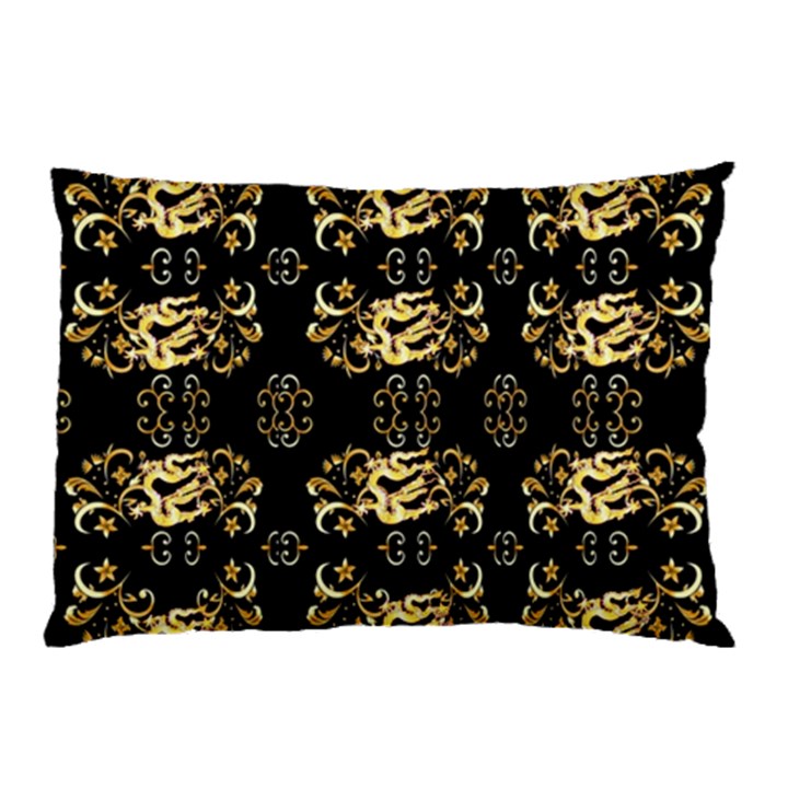 golden flowers on black with tiny gold dragons created by Kiekie Strickland Pillow Case (Two Sides)