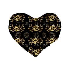 Golden Flowers On Black With Tiny Gold Dragons Created By Kiekie Strickland Standard 16  Premium Flano Heart Shape Cushions by flipstylezfashionsLLC