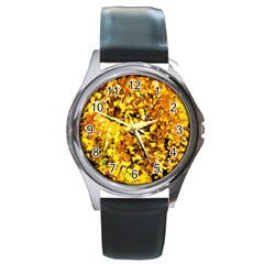 Birch Tree Yellow Leaves Round Metal Watch by FunnyCow