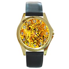 Birch Tree Yellow Leaves Round Gold Metal Watch by FunnyCow