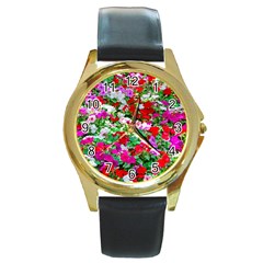 Colorful Petunia Flowers Round Gold Metal Watch by FunnyCow