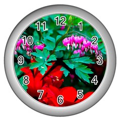 Bleeding Heart Flowers Wall Clock (silver) by FunnyCow