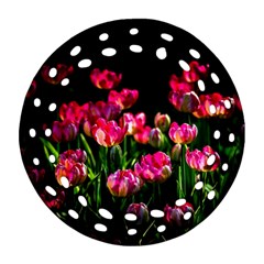 Pink Tulips Dark Background Round Filigree Ornament (two Sides) by FunnyCow