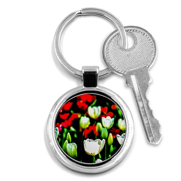 White And Red Sunlit Tulips Key Chains (Round) 