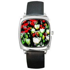 White And Red Sunlit Tulips Square Metal Watch by FunnyCow