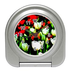 White And Red Sunlit Tulips Travel Alarm Clock by FunnyCow