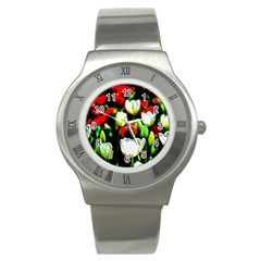 White And Red Sunlit Tulips Stainless Steel Watch by FunnyCow