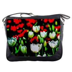 White And Red Sunlit Tulips Messenger Bags by FunnyCow