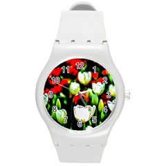 White And Red Sunlit Tulips Round Plastic Sport Watch (m) by FunnyCow