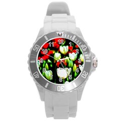 White And Red Sunlit Tulips Round Plastic Sport Watch (l) by FunnyCow