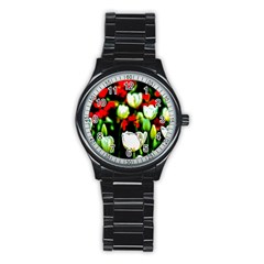 White And Red Sunlit Tulips Stainless Steel Round Watch by FunnyCow