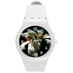 Two White Magnolia Flowers Round Plastic Sport Watch (m) by FunnyCow