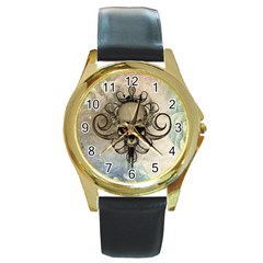 Awesome Creepy Skull With  Wings Round Gold Metal Watch by FantasyWorld7