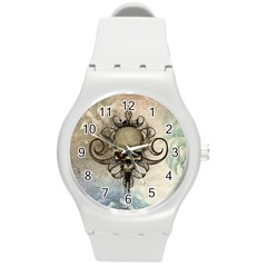 Awesome Creepy Skull With  Wings Round Plastic Sport Watch (m) by FantasyWorld7