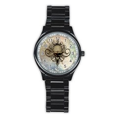 Awesome Creepy Skull With  Wings Stainless Steel Round Watch by FantasyWorld7